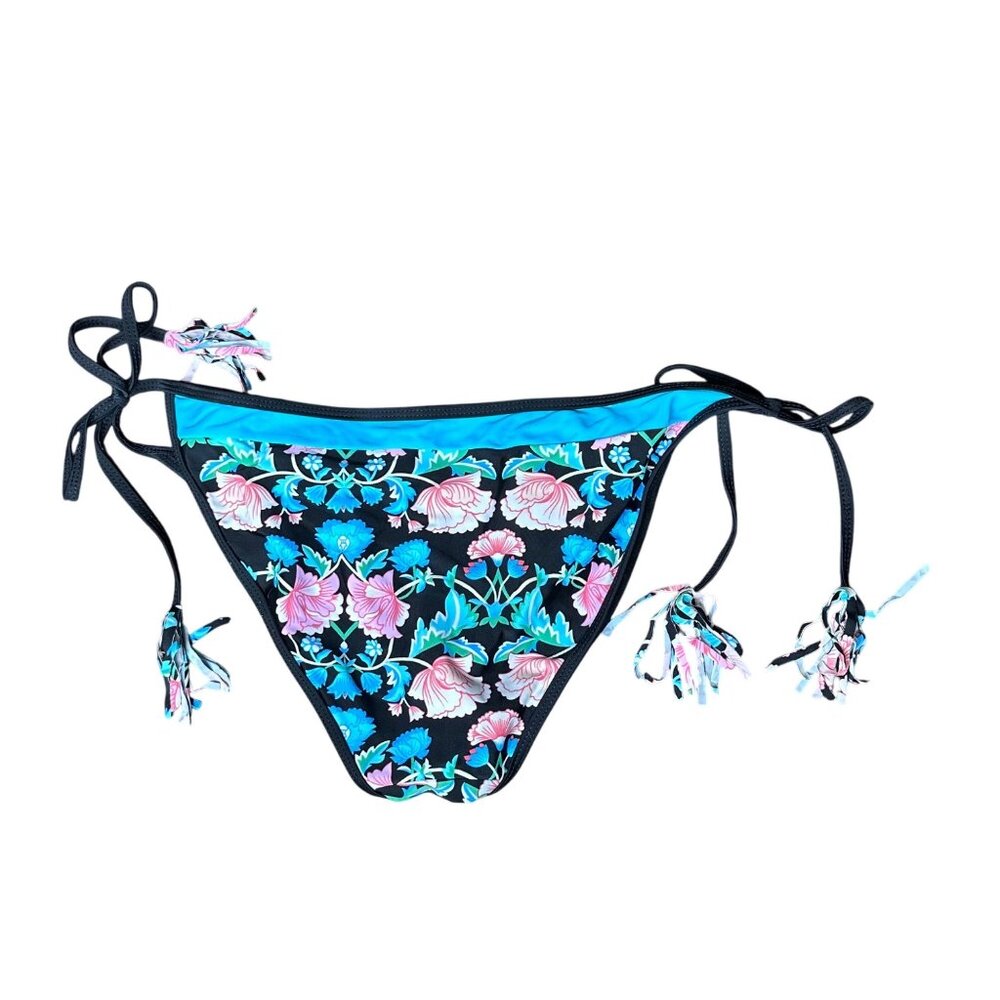 Womens Floral Print Black & Blue Bikini Swim Bottom With Adjustable Side Ties M - Picture 4 of 5